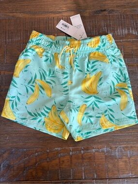 Janie and Jack Mint Green Boy’s Swim Shorts with Yellow Banana Print, Size 5